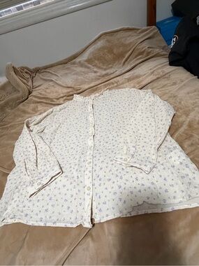 Self + Service Organic Cotton Cream Lavender Floral Blouse CottageCore Large